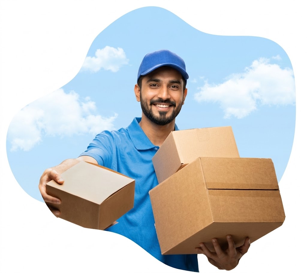 OneShip delivery courier holding packages